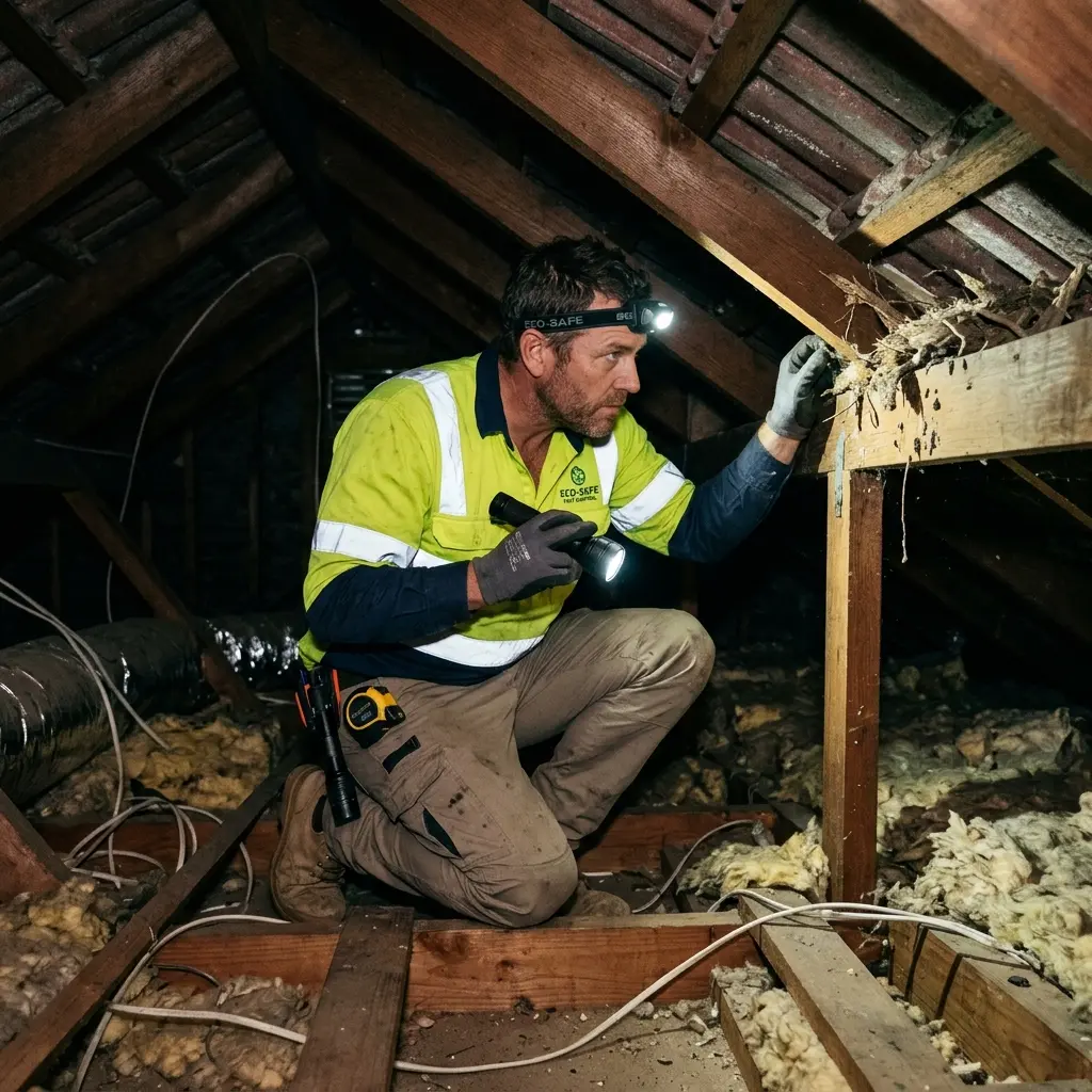 Technician inspecting a Jacana subfloor void for a deceased cat