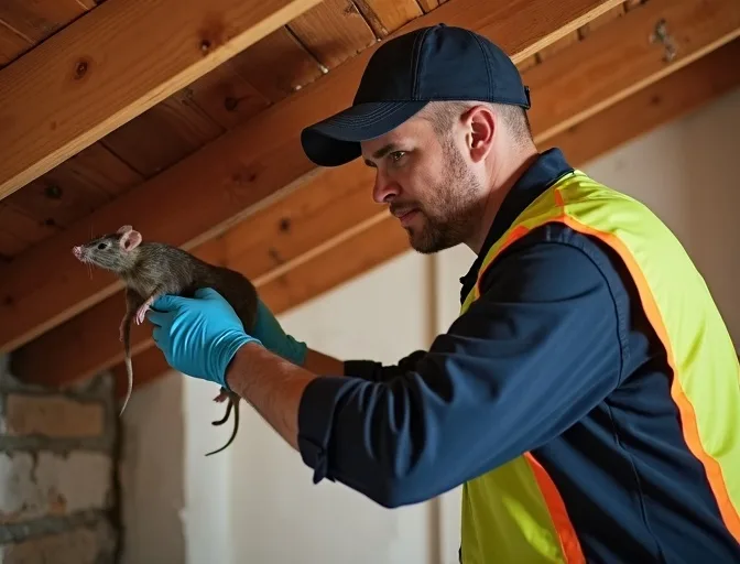 Technician inspecting a roof cavity for a dead rat in Jacana